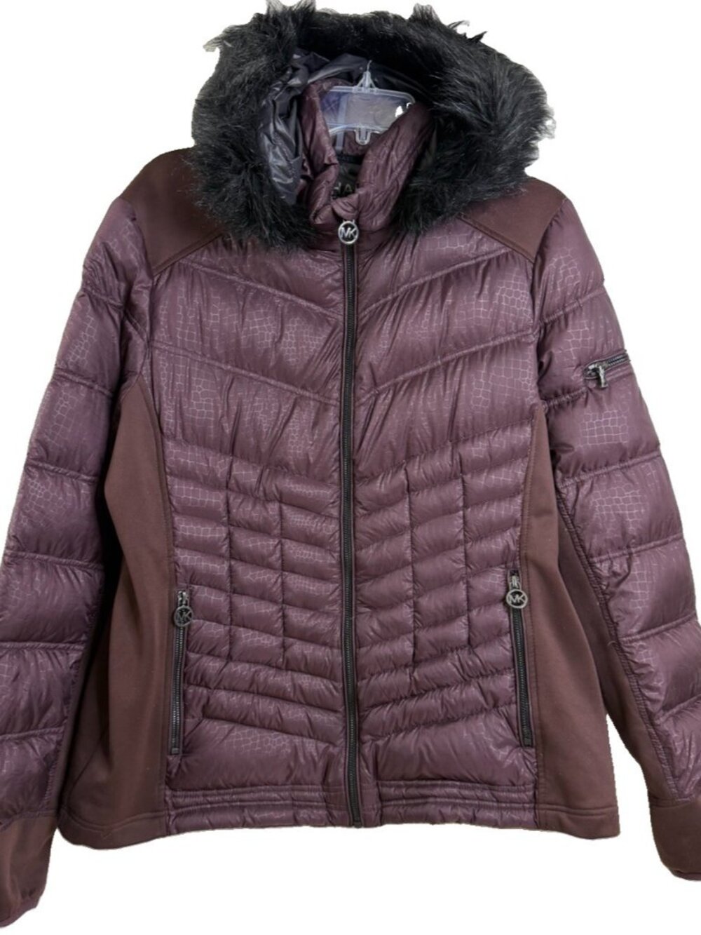 Michael Kors XL Burgundy Puffer Down Jacket-Removable Faux Fur Hood Mix Material